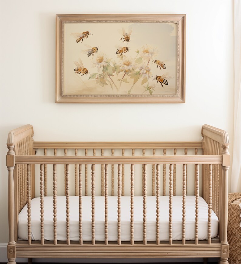 Vintage watercolor illustration art print of bee nursery wall art. Bee painting for bee nursery decor. Bee on flower art print. Bee nursery art inspiration. Nursery ideas. Vintage nursery art.