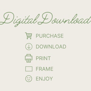 May include: Green text on a light gray background reads "Digital Download". Below the text are five icons with text: a shopping cart icon with "PURCHASE", a downward arrow icon with "DOWNLOAD", a printer icon with "PRINT", a square checkbox with "FRAME", and a smiley face icon with "ENJOY".
