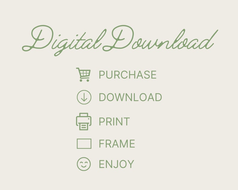 May include: Green text on a light gray background reads "Digital Download". Below the text are five icons with text: a shopping cart icon with "PURCHASE", a downward arrow icon with "DOWNLOAD", a printer icon with "PRINT", a square checkbox with "FRAME", and a smiley face icon with "ENJOY".