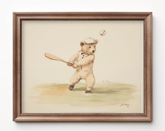 Bear Playing Baseball Nursery Decor, Baseball Nursery Art, Bear Nursery Art Painting, Kids Room Baseball Decor by Bespoke Littles