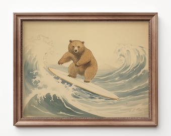 Bear Surfing Art Print Nursery Surf Art Beach Nursery Theme Animal Art Nursery Surf Prints Kids Bedroom Surfing Decor by Bespoke Littles