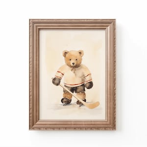 Teddy Bear Playing Hockey Art Nursery Sports Art Kids Room Hockey Teddy Bear Decor Nursery Animal Hockey Art Kids Room by Bespoke Littles