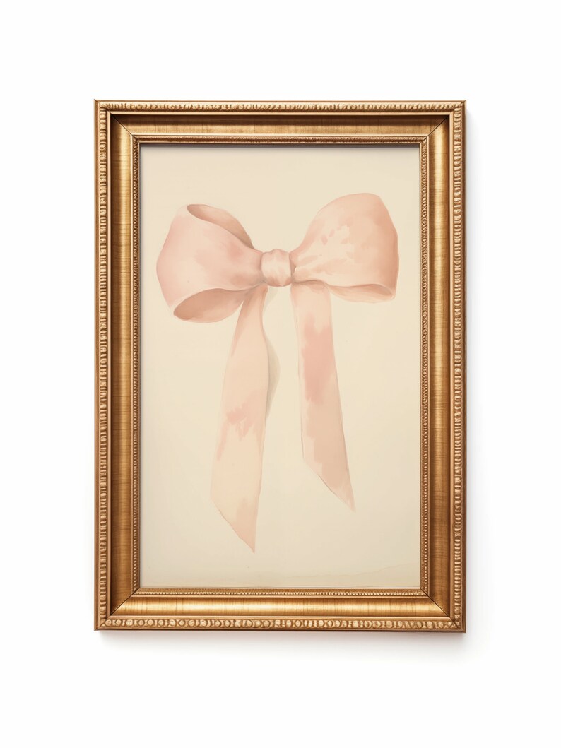 Vintage watercolor illustration art print of a pink bow. Bow nursery art. Bow nursery decor. Ribbon nursery print. Nursery inspiration. Nursery ideas. Vintage nursery art.