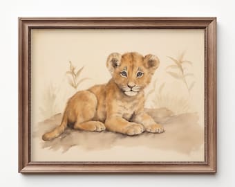 Impression de chambre d'enfant aquarelle lionceau : art animalier Safari vintage (téléchargement numérique)
