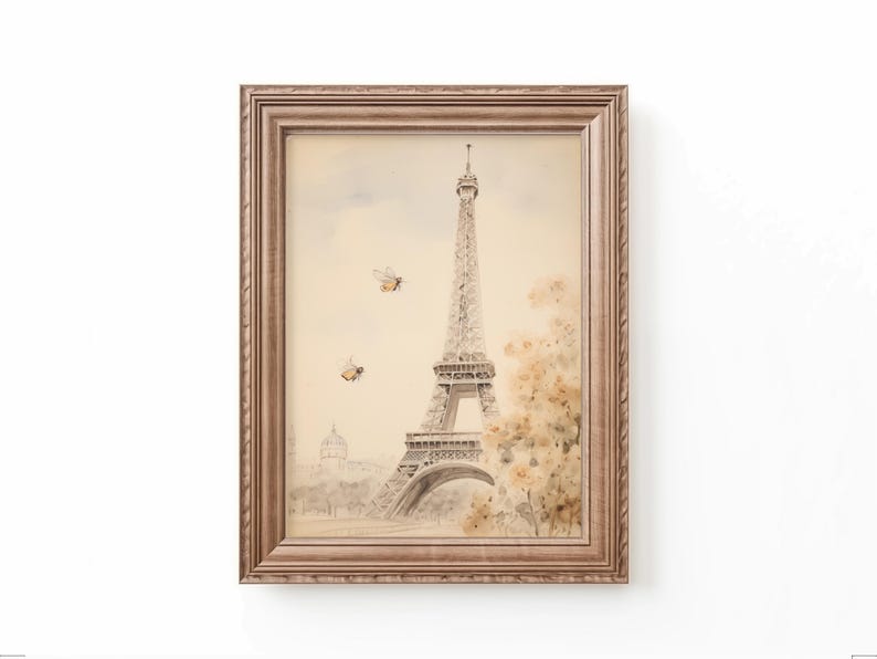 Vintage watercolor illustration art print of a bow, Eiffel Tower, and a tea cup. Coquette nursery decor. Bow art for nursery. French nursery art. Nursery inspiration. Nursery ideas. Vintage nursery art. Baby girl bow art. Paris kids room art.