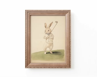 Bunny Rabbit Golf Art Print: Vintage Nursery Decor (Digital Download)