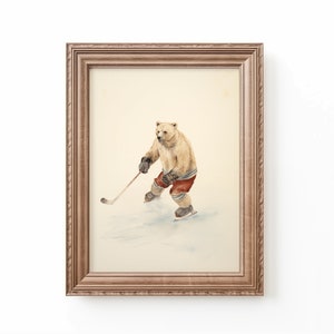 Bear Playing Hockey Art Print Nursery Hockey Decor Nursery Sports Art Hockey Nursery Bear Art Kids Room Art Hockey Print by Bespoke Littles