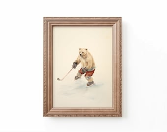 Bear Playing Hockey Art Print Nursery Hockey Decor Nursery Sports Art Hockey Nursery Bear Art Kids Room Art Hockey Print by Bespoke Littles