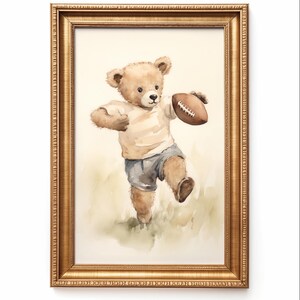 Vintage watercolor illustration art print of a teddy bear playing football. Football theme nursery art. Sports nursery decor. Nursery inspiration. Nursery ideas. Vintage nursery art. Kids room sports art. Football kids room art. Playroom football.