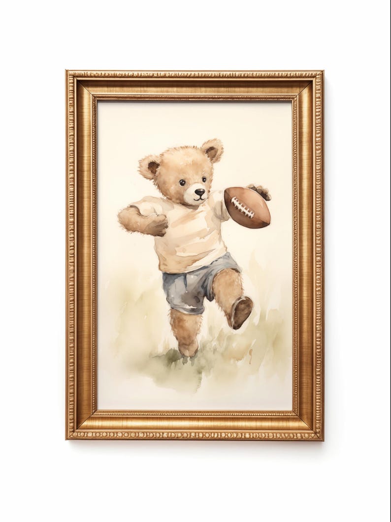 Vintage watercolor illustration art print of a teddy bear playing football. Football theme nursery art. Sports nursery decor. Nursery inspiration. Nursery ideas. Vintage nursery art. Kids room sports art. Football kids room art. Playroom football.