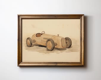 Vintage Formula One Race Car Watercolor Print: Pastel Nursery Art (Digital Download)