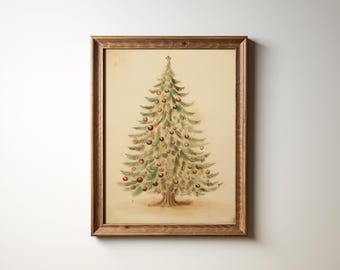 May include: A framed watercolor painting of a Christmas tree with green needles and red and gold ornaments.