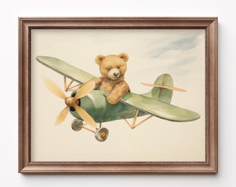 May include: A watercolor painting of a teddy bear flying a green airplane with brown wooden propellers against a light blue sky.