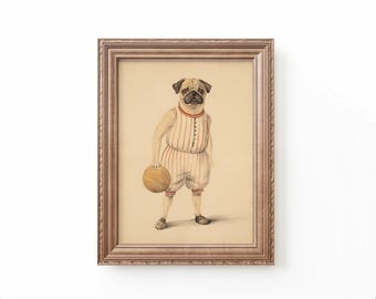 Pug Dog Basketball Art Print: Vintage Nursery Decor (Digital Download)