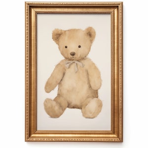 Watercolor illustration art print of brown teddy bear in a gold frame. Teddy bear downloadable print art. Teddy printable art. Nursery inspiration. Nursery ideas.