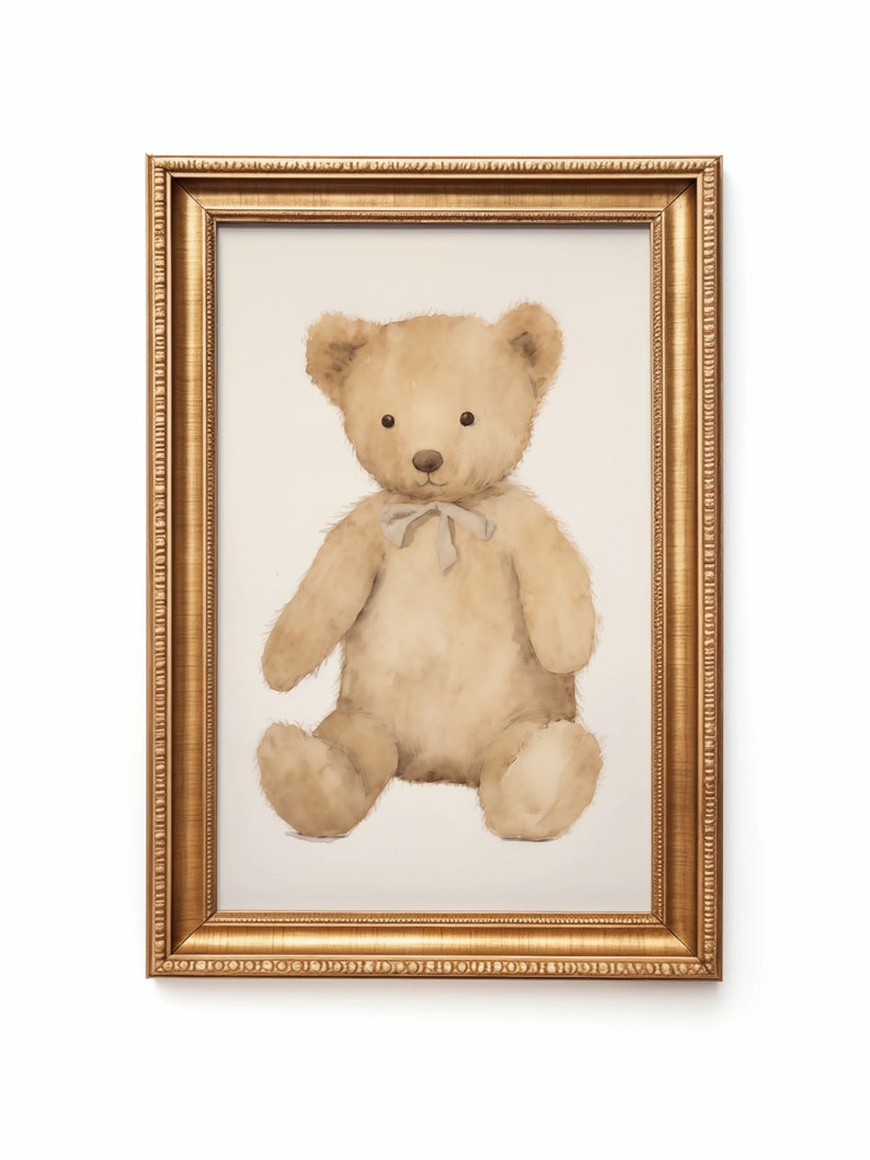Watercolor illustration art print of brown teddy bear in a gold frame. Teddy bear downloadable print art. Teddy printable art. Nursery inspiration. Nursery ideas.