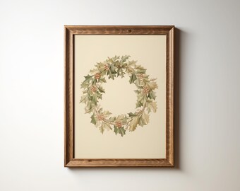 Vintage Christmas Wreath Print: Muted Watercolor Holiday Wall Art (Digital Download)