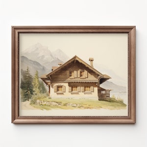 Pode incluir: Uma pintura a aquarela de uma casa de madeira com um exterior branco e um telhado marrom. A casa é cercada por árvores e montanhas no fundo.