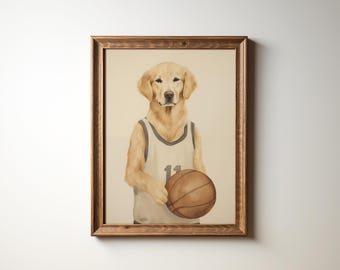 Golden Retriever Basketball Art Print: Vintage Nursery Decor (Digital Download)