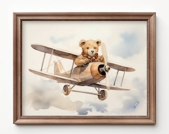May include: A watercolor painting of a teddy bear wearing a pilot's scarf and hat, flying a vintage biplane in the clouds.