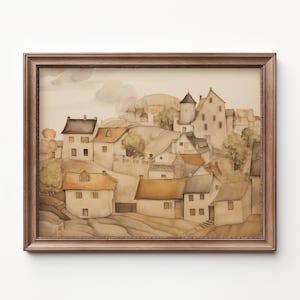 European Village Watercolor Print: Neutral Nursery Art (Digital Download)