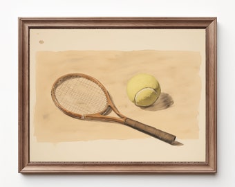 Stampa vintage per vivaio di tennis: racchetta e pallina ad acquerello (download digitale)