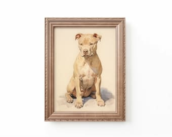 Può includere: Un dipinto ad acquerello incorniciato di un Staffordshire Bull Terrier color sabbia seduto con la testa inclinata verso il basso. Il cane ha il petto bianco e una macchia bianca sulla fronte.