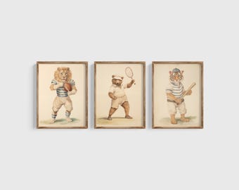 Láminas infantiles de animales deportivos vintage: béisbol, fútbol americano y tenis (descarga digital)