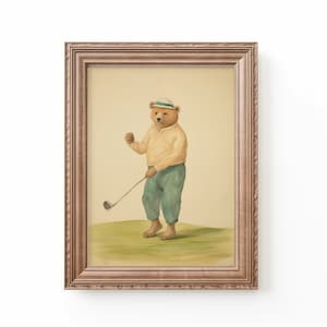 Vintage watercolor illustration art print of a bear playing golf. Golf theme nursery art. Golf nursery decor. Nursery inspiration. Nursery ideas. Vintage nursery art.