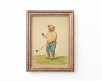 Bear Playing Golf Art Print, Nursery Prints Neutral, Nursery Golf Theme Decor by Bespoke Littles