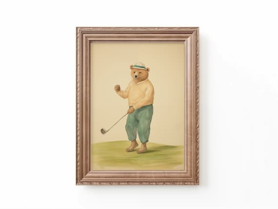 Bear Playing Golf Art Print Nursery Golf Decor Kids Room Vintage Sports Theme Nursery Animal Art Sports Digital Download by Bespoke Littles
