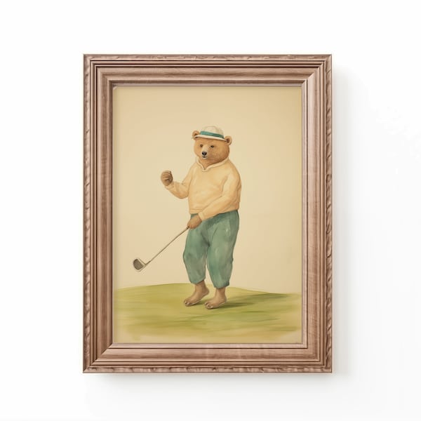 Bear Playing Golf Art Print, Nursery Prints Neutral, Nursery Golf Theme Decor by Bespoke Littles