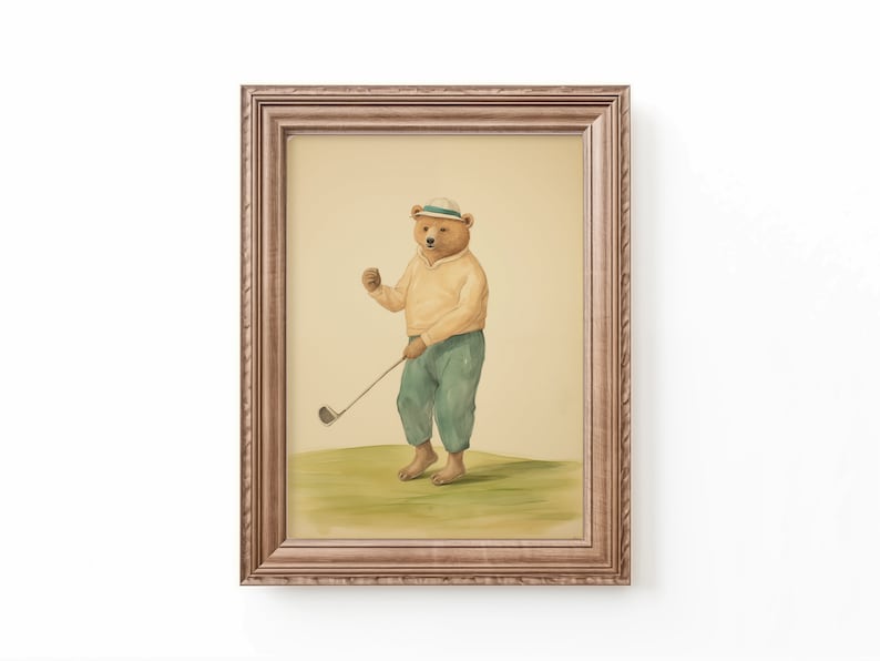 Vintage watercolor illustration art print of a bear playing golf. Golf theme nursery art. Golf nursery decor. Nursery inspiration. Nursery ideas. Vintage nursery art.