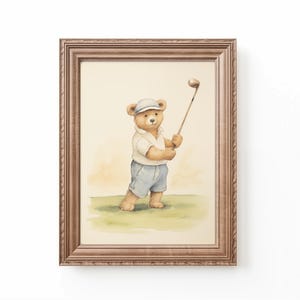 Teddy Bear Golf Art Print: Vintage Nursery Decor (Digital Download)