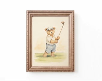 Teddy Bear Playing Golf Art Print Nursery Teddy Bear Art Kids Room Golf Theme Art Nursery Sports Art Kids Room Bear Nursery Bespoke Littles