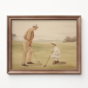 Lámina artística de padre e hijo jugando al golf, láminas neutras para habitación infantil, decoración infantil con temática de golf de Bespoke Littles