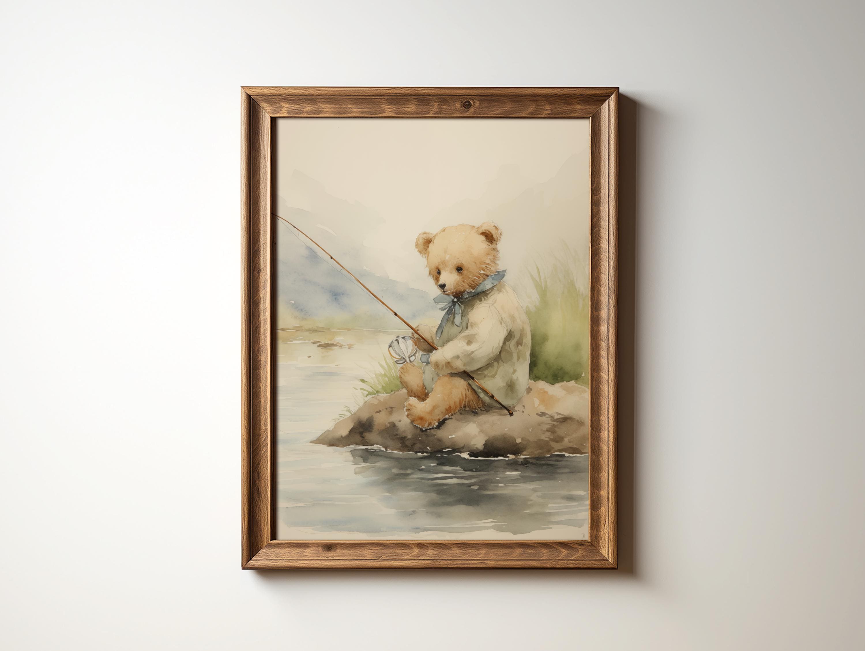 Teddy Bear Fishing Print: Vintage Watercolor Nursery Art (Digital Download)