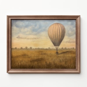 Puede incluir: Una pintura enmarcada de un globo aerostático flotando sobre un campo de hierba alta. El cielo es de un azul suave con nubes tenues. El globo es de color beige claro con una cesta de mimbre.