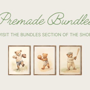 May include: Three watercolor illustrations of teddy bears playing sports. The first bear is holding a football, the second is holding a basketball, and the third is holding a baseball bat.