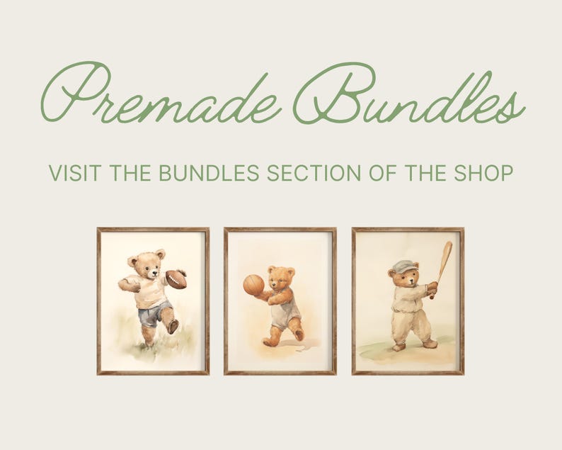May include: Three watercolor illustrations of teddy bears playing sports. The first bear is holding a football, the second is holding a basketball, and the third is holding a baseball bat.