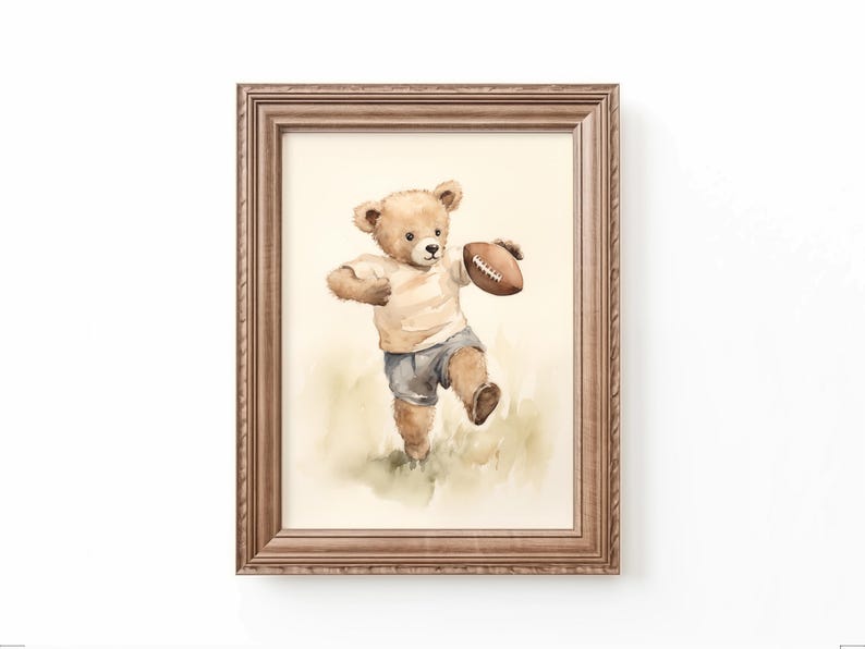 Vintage watercolor illustration art print of a teddy bear playing football. Football theme nursery art. Sports nursery decor. Nursery inspiration. Nursery ideas. Vintage nursery art. Kids room sports art. Football kids room art. Playroom football.