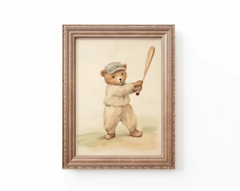 Bear Playing Baseball Nursery Decor, Baseball Nursery Art, Bear Nursery Art Painting, Kids Room Baseball Decor by Bespoke Littles