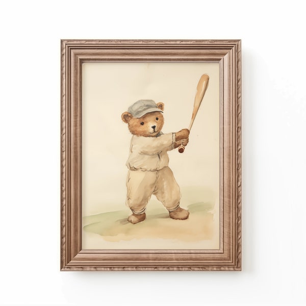 Bear Playing Baseball Nursery Decor, Baseball Nursery Art, Bear Nursery Art Painting by Bespoke Littles