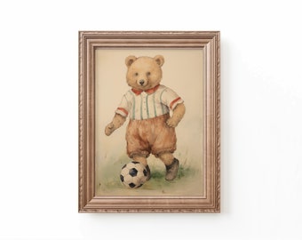 Bear Soccer Art Print: Vintage Nursery Sports Decor (Digital Download)