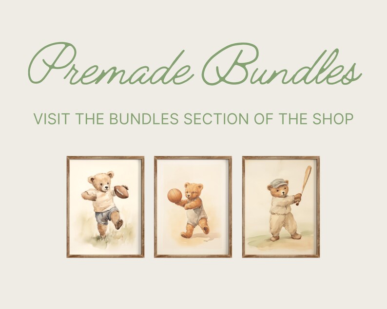 May include: Three watercolor illustrations of teddy bears playing sports. The first bear is holding a football, the second is holding a basketball, and the third is holding a baseball bat.