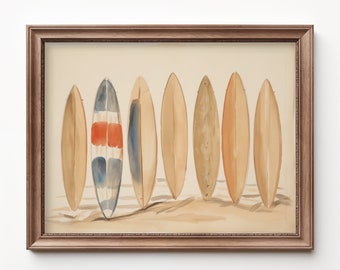 Puede incluir: Una pintura de acuarela enmarcada de ocho tablas de surf en varios colores y diseños, incluyendo rojo, blanco, azul y marrón. Las tablas de surf están dispuestas en una fila sobre un fondo blanco.