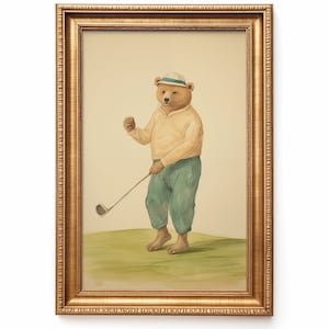 Vintage watercolor illustration art print of a bear playing golf. Golf theme nursery art. Golf nursery decor. Nursery inspiration. Nursery ideas. Vintage nursery art.