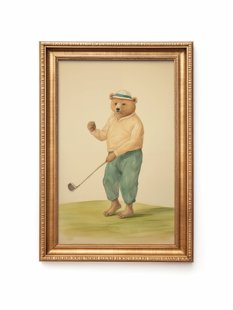 Vintage watercolor illustration art print of a bear playing golf. Golf theme nursery art. Golf nursery decor. Nursery inspiration. Nursery ideas. Vintage nursery art.
