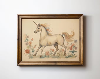 May include: A framed watercolour painting of a white unicorn with a rainbow mane and tail running through a field of flowers. The flowers are in shades of pink, orange, and yellow.