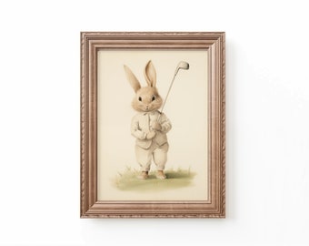 Bunny Golf-kunstprint: vintage kinderkamerdecoratie (digitale download)
